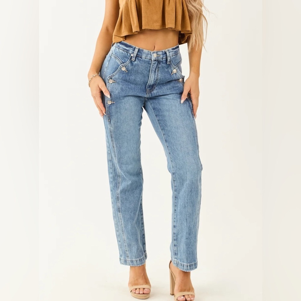 NWT Saige Denim Button Detail Side Panel Tummy Control Straight Leg Denim Jeans - Picture 9 of 11